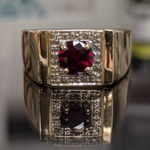 Mens 9ct Yellow Gold Created Ruby & Diamond Ring - LG18299