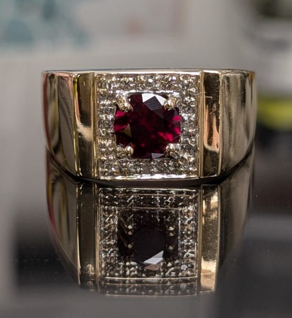 Mens 9ct Yellow Gold Created Ruby & Diamond Ring - LG18299