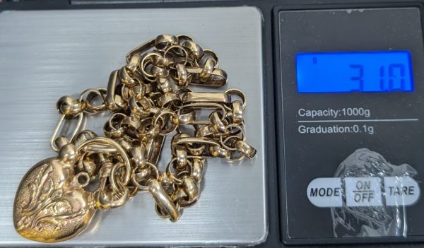 Vintage 9ct Yellow Gold Figaro Belcher Chain w/ Heart Padlock - LG22713 - Image 8