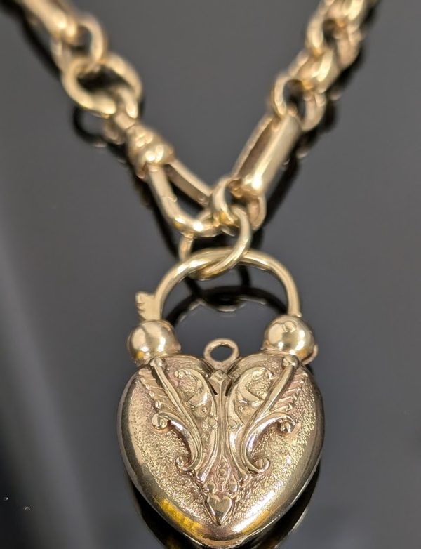 Vintage 9ct Yellow Gold Figaro Belcher Chain w/ Heart Padlock - LG22713 - Image 10