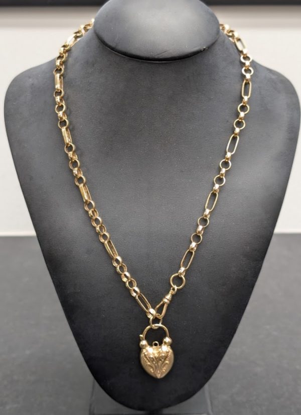 Vintage 9ct Yellow Gold Figaro Belcher Chain w/ Heart Padlock - LG22713 - Image 4