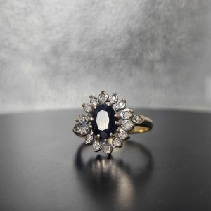 9ct Yellow Gold Ladies Ring with Diamonds and Blue Stone - HL23517