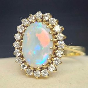 Valuated Ladies 14ct Yellow Gold Cabochon Opal and Diamond Ring - HL19310