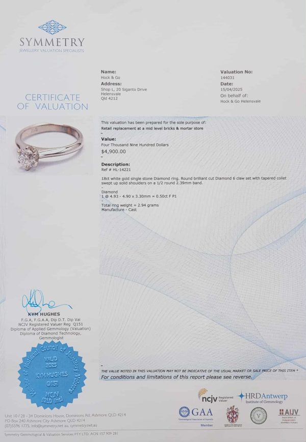 Valuated Ladies 18ct White Gold Solitaire Diamond Ring (2.94gms) - HL14221 - Image 10